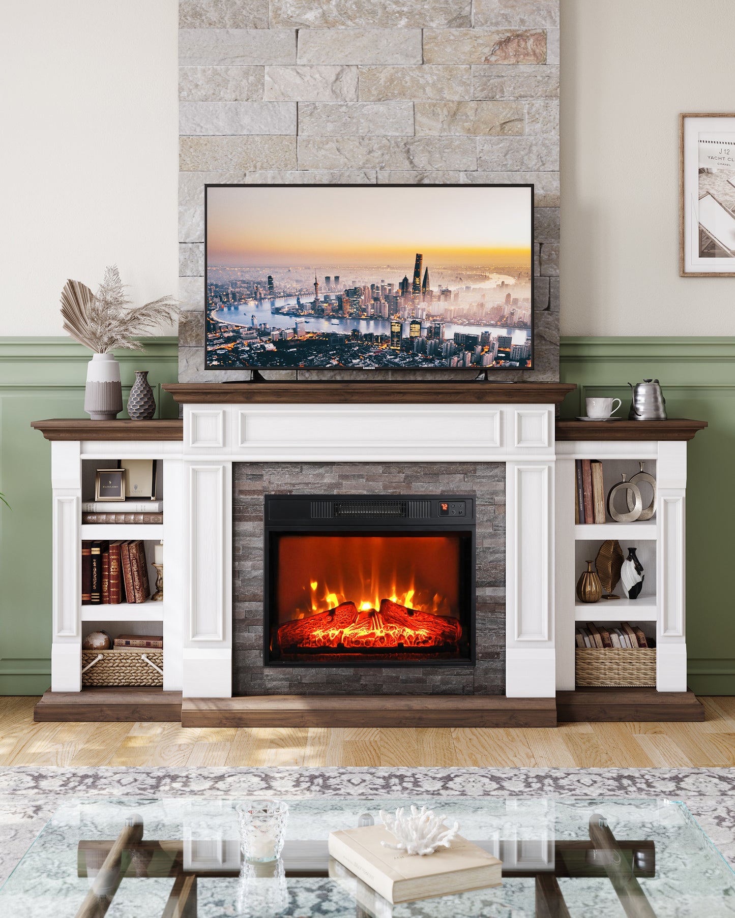 72" Electric Fireplace with Mantel and Cabinets