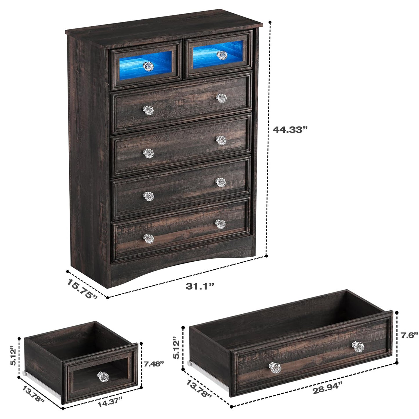 6 Drawer Dresser with Led Light for Bedroom
