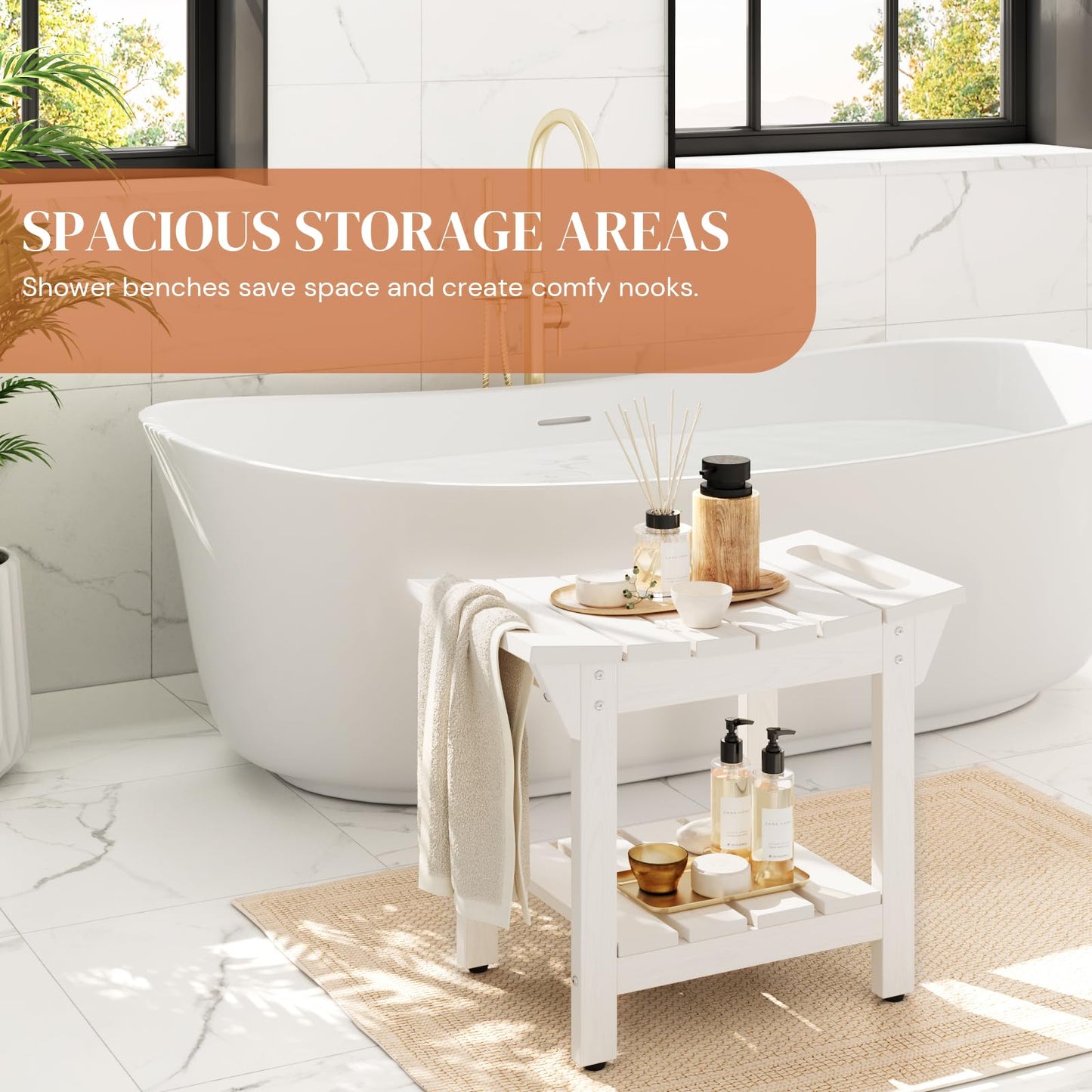 Shower Bench, HIPS Shower Stool with Storage Shelf