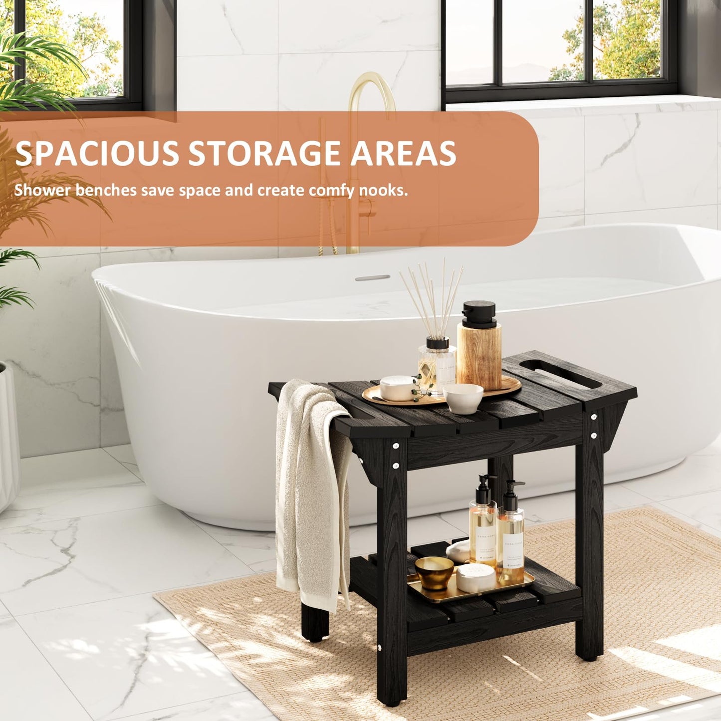 Shower Bench, HIPS Shower Stool with Storage Shelf