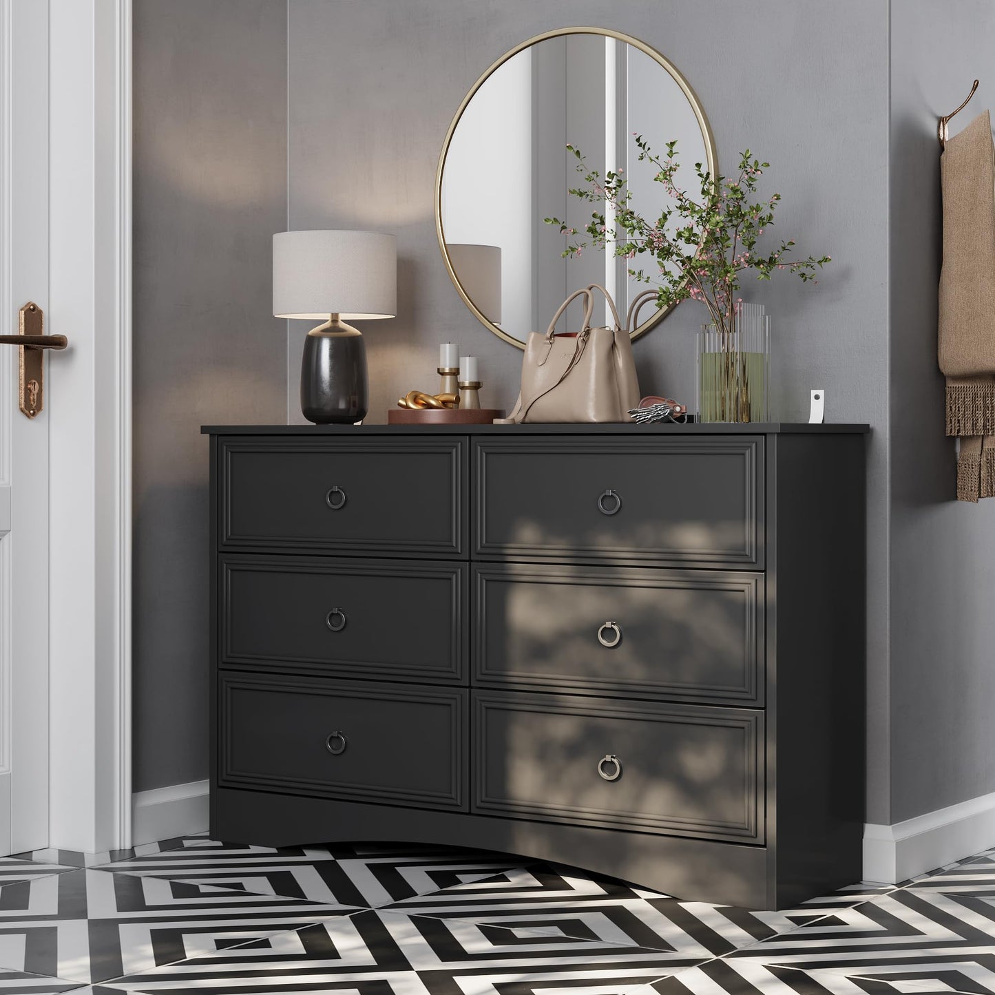 6 Drawer Dresser for Living Room, Black