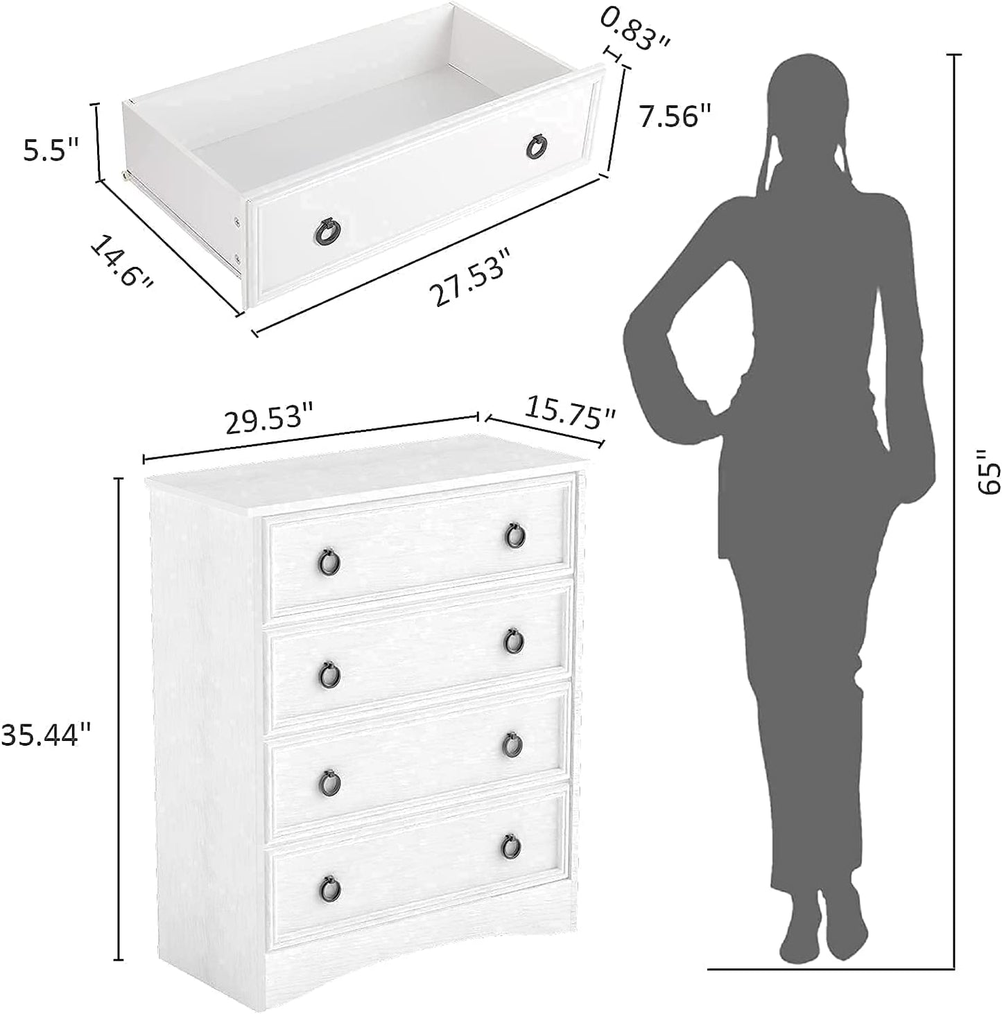 4 Drawer Dresser, White Dresser for Bedroom