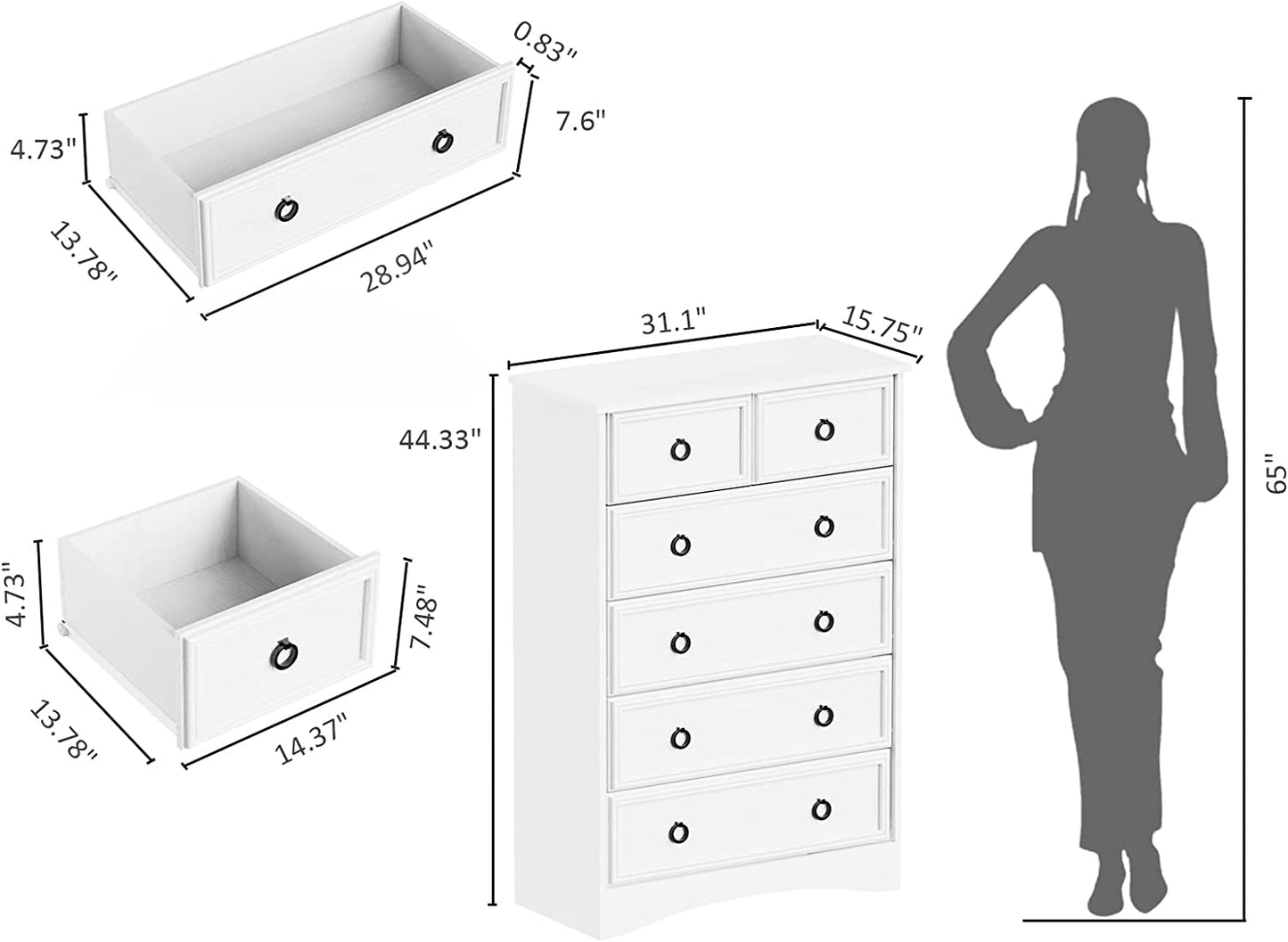 6 Drawer Dresser for Bedroom, Living Room, White