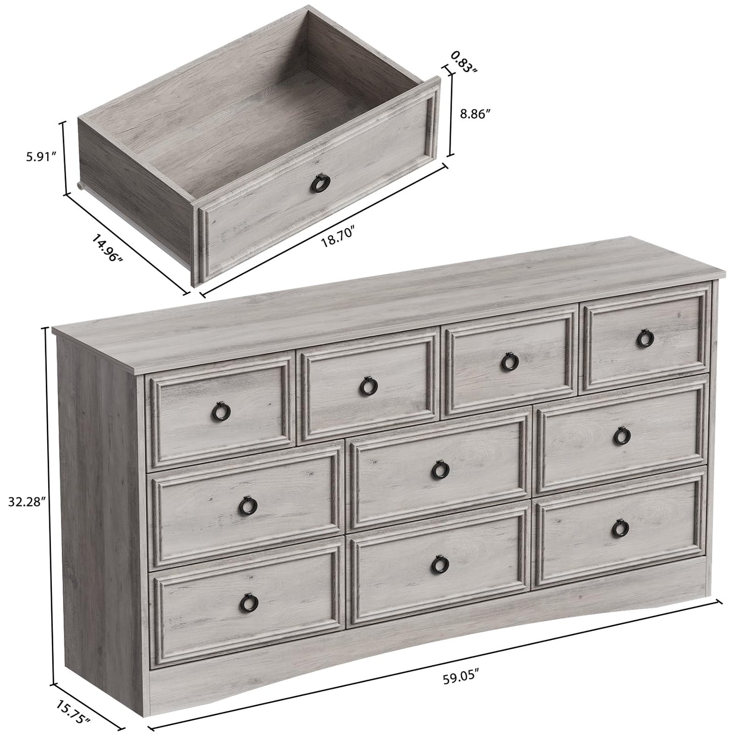 10 Drawer Dresser for Bedroom, Living Room, Gray