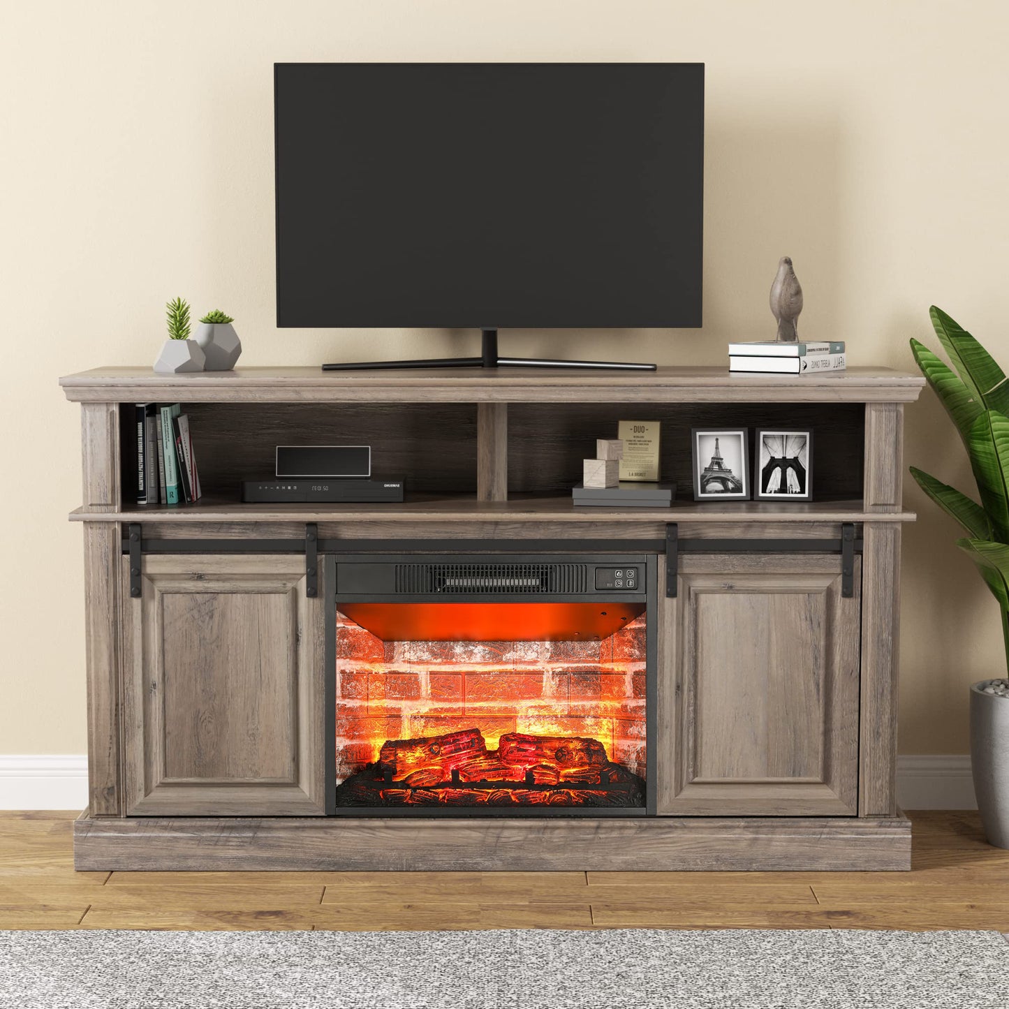 58" White TV Stand with Sliding Barn Door for Living Room