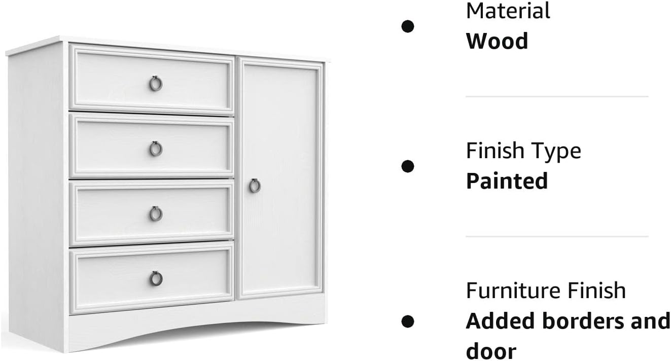 Modern 4 Drawer Dresser, Dressers for Bedroom with Door & Adjustable Shelves, White