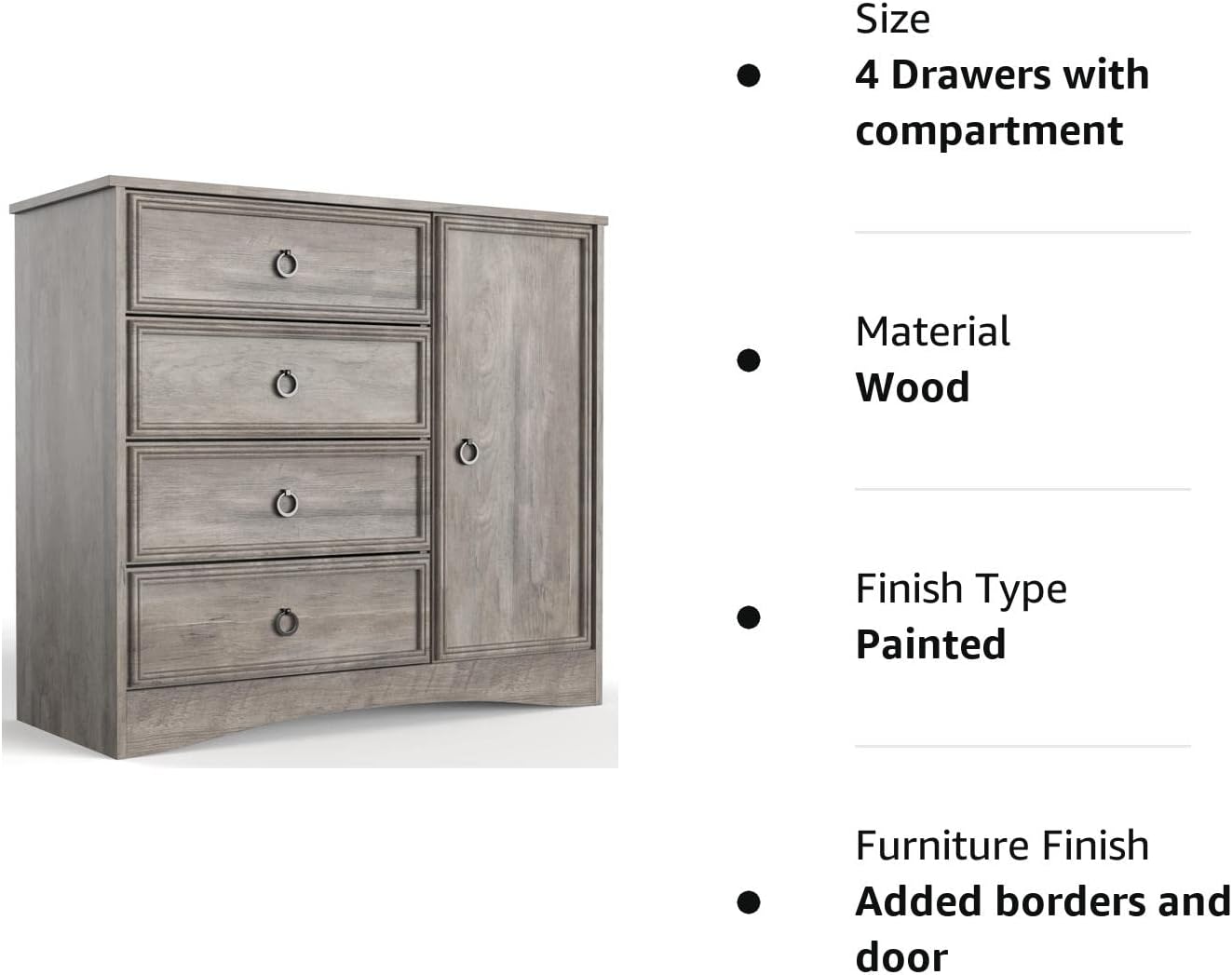 Modern 4 Drawer Dresser with Door & Adjustable Shelves, Gray