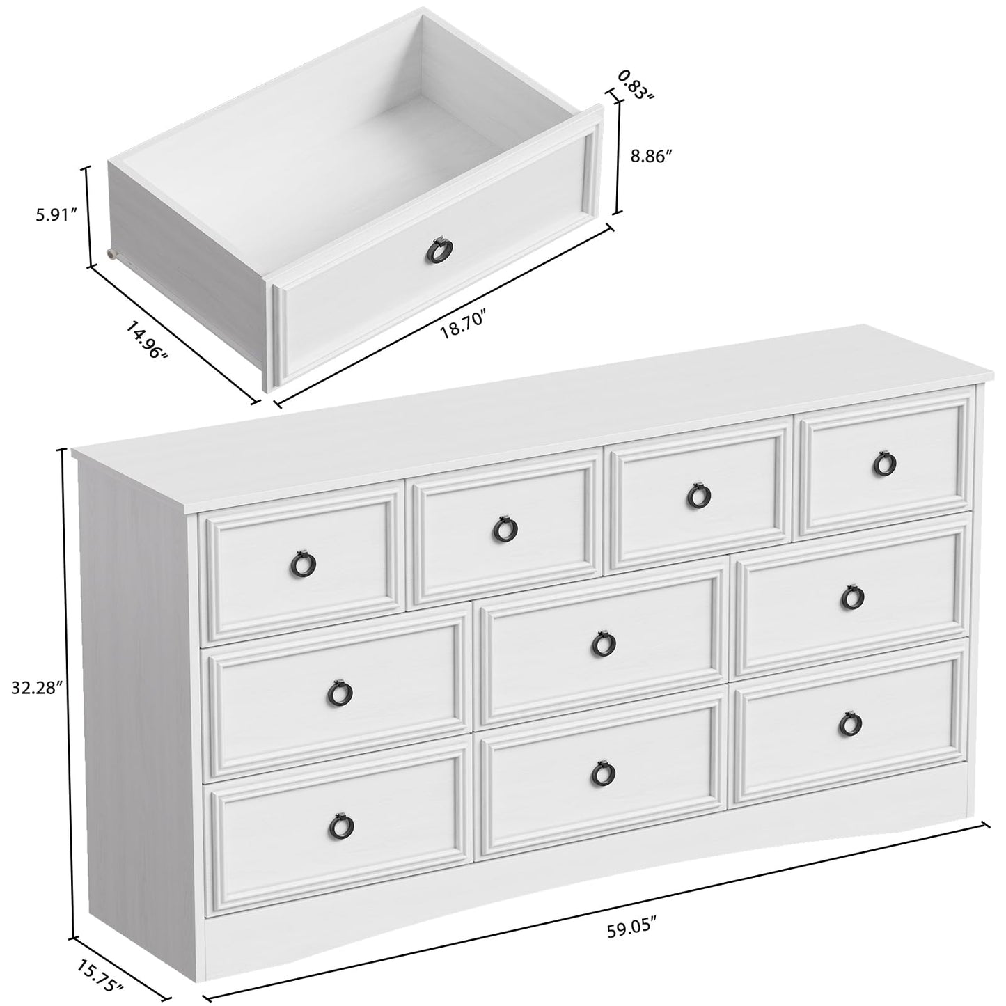 10 Drawer Dresser for Bedroom, Living Room, White