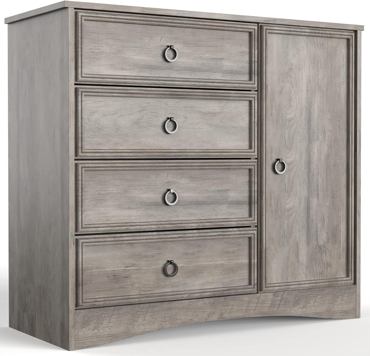 Modern 4 Drawer Dresser with Door & Adjustable Shelves, Gray