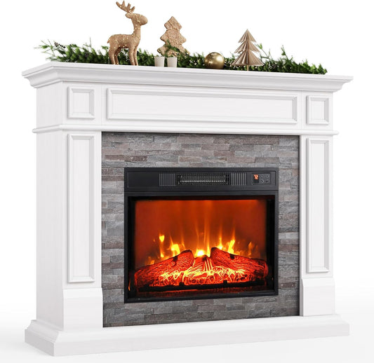 44" Electric Fireplace with Mantel, Tall Fireplace Heater Freestanding, Realistic Stacked Stone Surround with Remote Control Timer LED Flame for Living Room,Bedroom