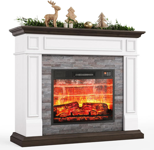 44" Electric Fireplace with Mantel, Portable Freestanding Wood Stove Heater, Realistic 3D Dancing Flame Effect and Stacked Stone Surround, Remote Control Timer for Living Room, Bedroom