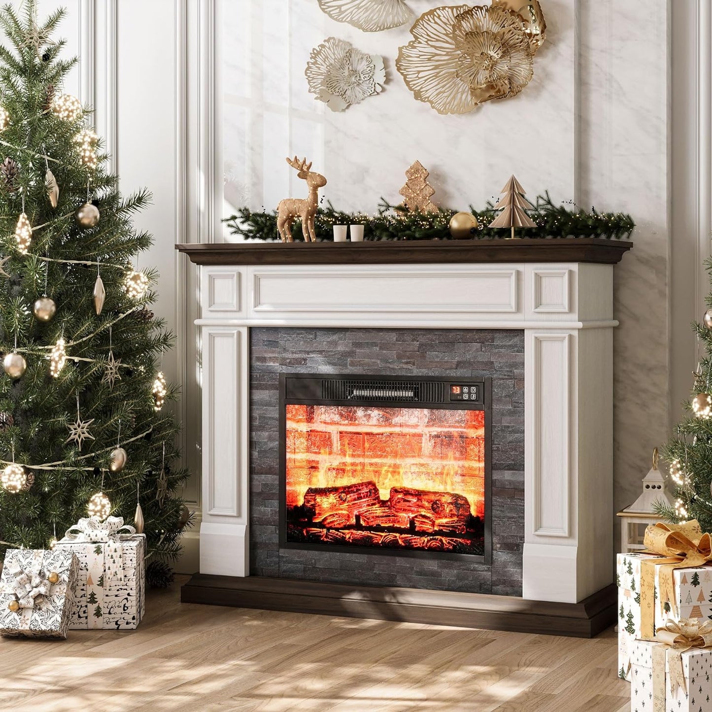 44" Electric Fireplace with Mantel, Portable Freestanding Wood Stove Heater, Realistic 3D Dancing Flame Effect and Stacked Stone Surround, Remote Control Timer for Living Room, Bedroom