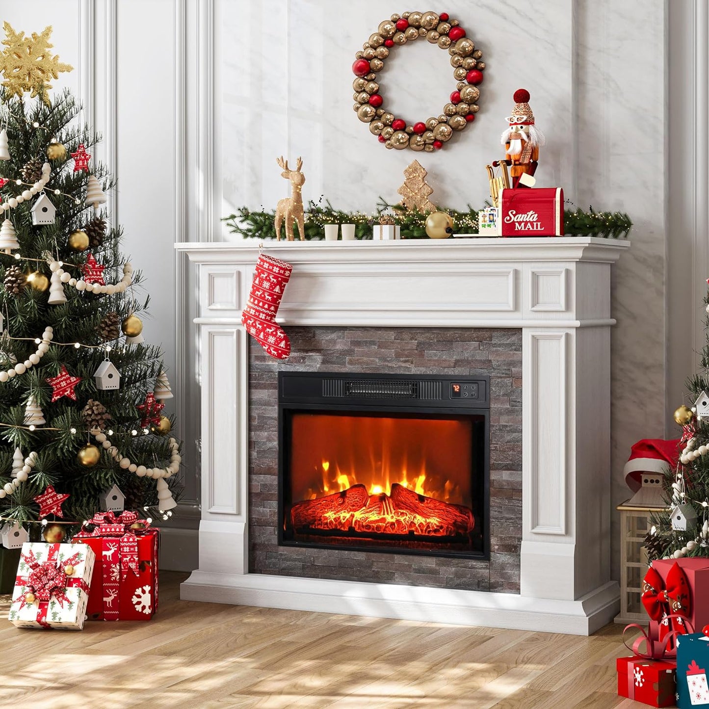 44" Electric Fireplace with Mantel, Tall Fireplace Heater Freestanding, Realistic Stacked Stone Surround with Remote Control Timer LED Flame for Living Room,Bedroom