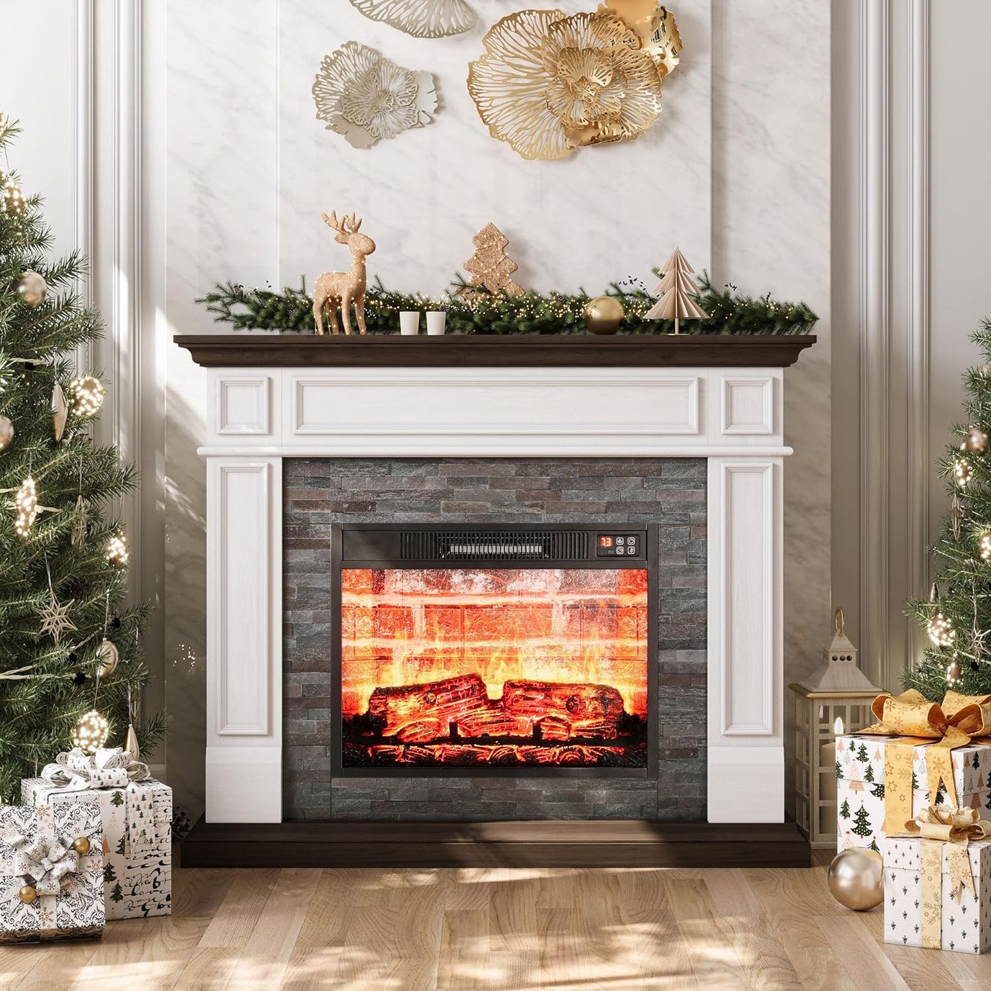 44" Electric Fireplace with Mantel, Portable Freestanding Wood Stove Heater, Realistic 3D Dancing Flame Effect and Stacked Stone Surround, Remote Control Timer for Living Room, Bedroom